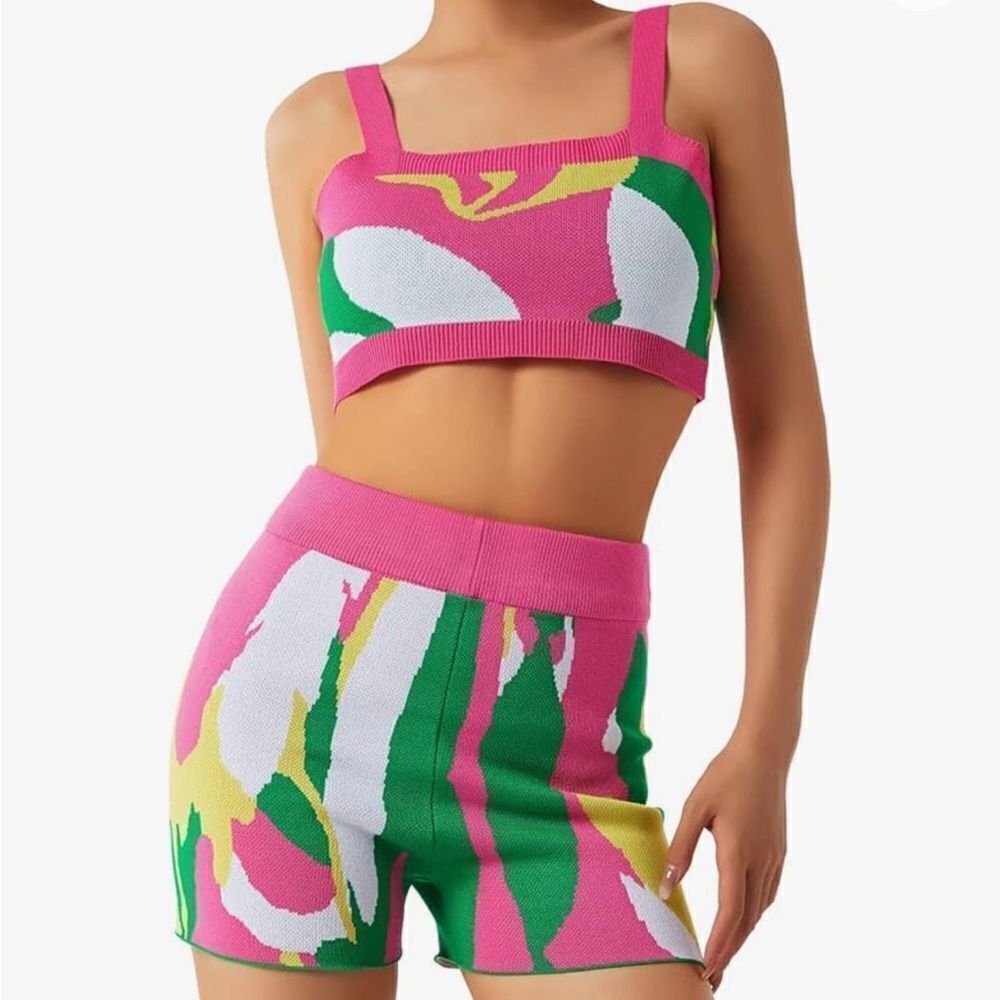 FULA-bao Knit 2 Piece Camisole Crop Top High Waist Bodycon Shorts sz small